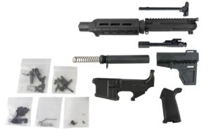A 7-inch AR-15 pistol kit with a Magpul handguard, a lower parts kit, and an 80 percent lower.
