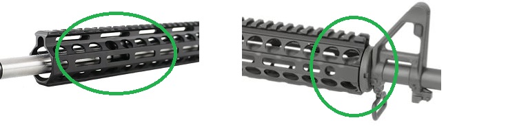 Pictured left, a free-float handguard "floats" over the gas block. Pictured right, a typical Picatinny M4 handguard secures to the gas block/front sight post.